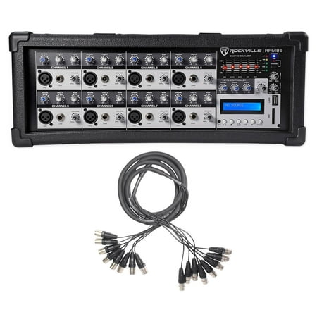 Rockville RPM85 2400w Powered 8-Channel Mixer, 5 Band EQ, Bluetooth+Snake Cable