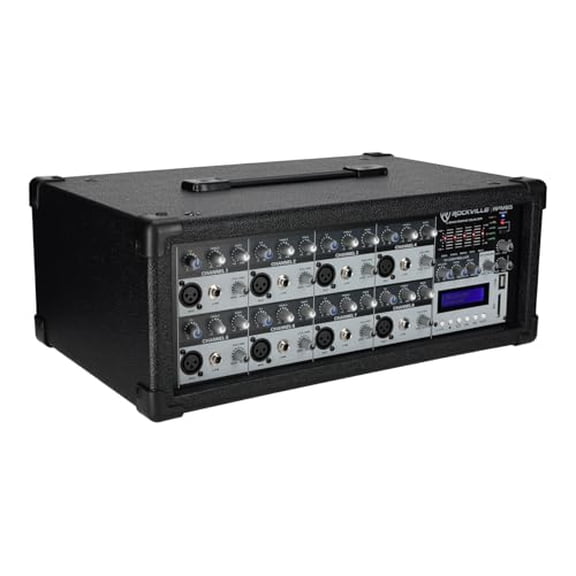 Rockville RPM85 2400W Powered 8 Channel Mixer, Bluetooth, USB/SD, 5 Band EQ, Adjustable Echo/Delay, +15V Phantom Power, for Live Music and Events
