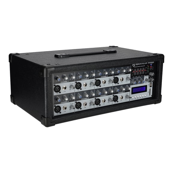 Rockville RPM85 2400W 8 Channel Powered Mixer with Bluetooth USB SD and 5 Band EQ, Professional Wood Cabinet Audio System for Gigs Events 2400W 8-Channel Black