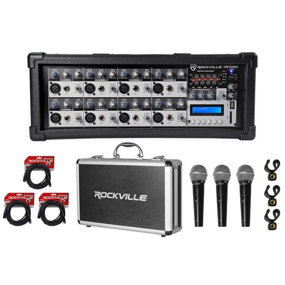 Rockville RPM85 2400w Powered 8 Channel Mixer/USB/EQ/Effects/Bluetooth+Mics+Case