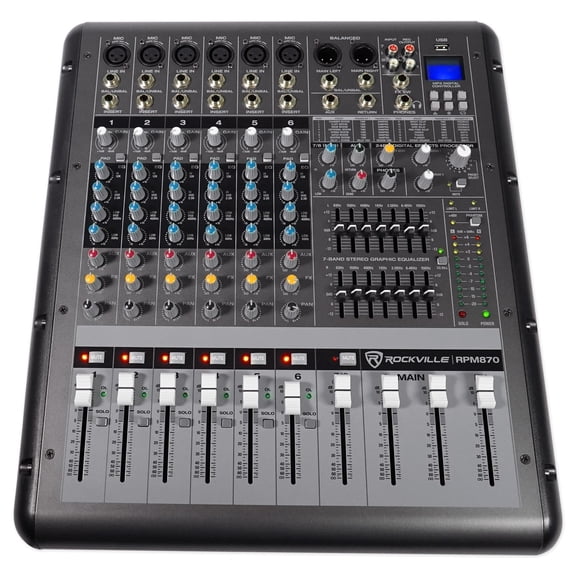 Rockville RPM870 6000w Powered Mixer, 8 Channel, 6 XDR2 Mic Pres, USB, 24-Bit Effects, Bluetooth, for Live Bands and DJs