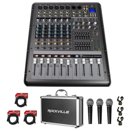 Rockville RPM870 8 Channel 6000w Powered Mixer, USB, Effects+3) Mics+Case+Cables