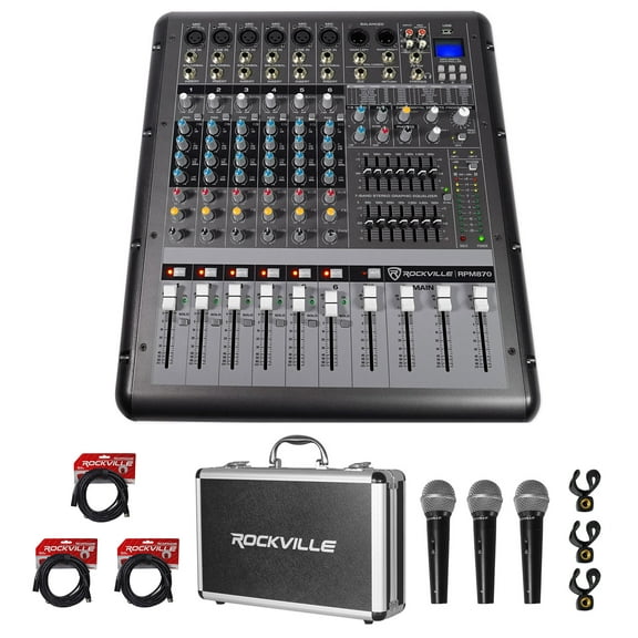Rockville RPM870 8 Channel 6000w Powered Mixer, USB, Effects+3) Mics+Case+Cables