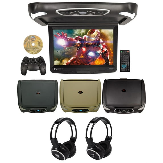 Rockville RVD15BGB Black/Grey/Tan 15" Flip Down Car Monitor+Wireless Headphones