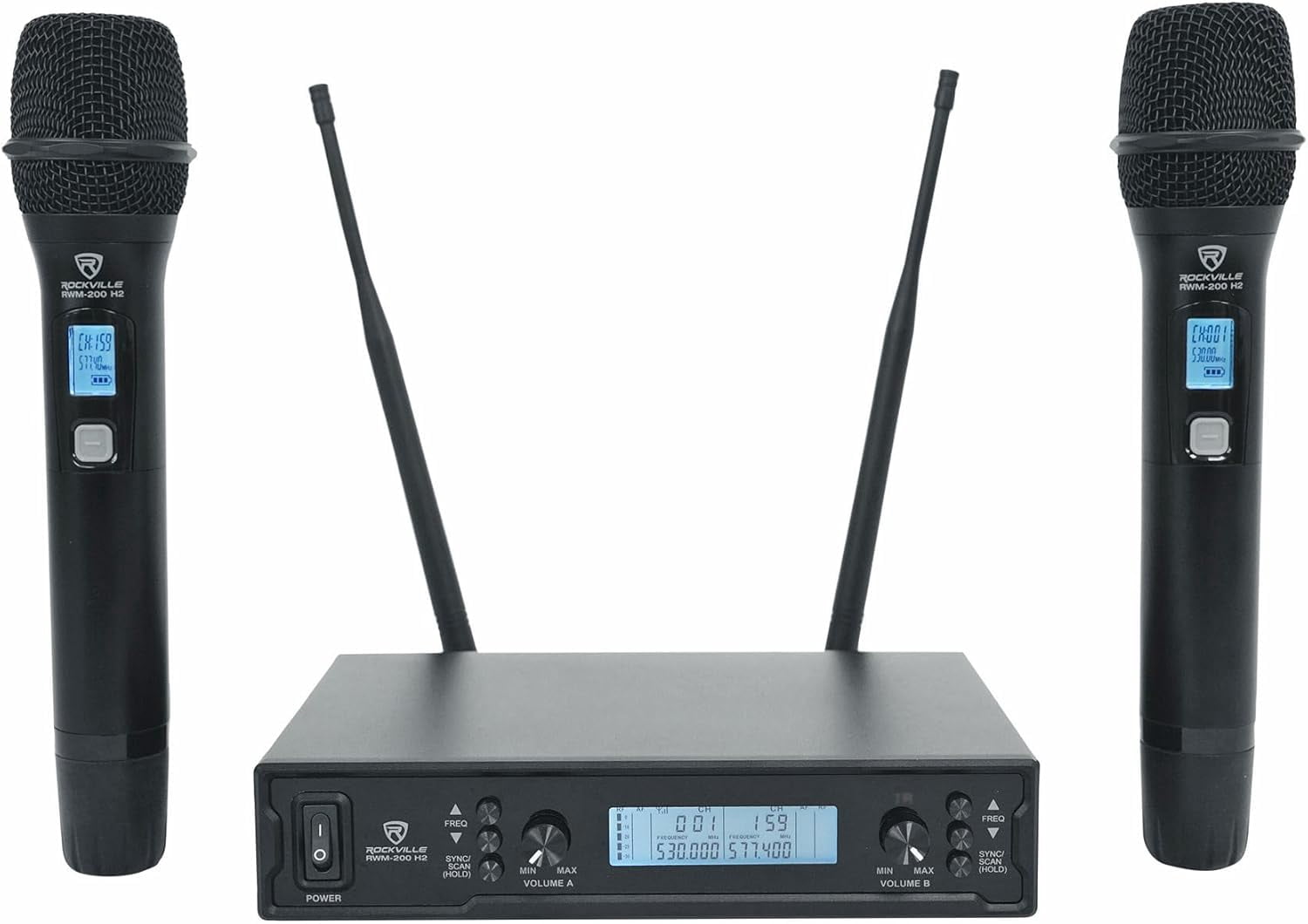 Rockville RWM-200 H2 Dual Handheld UHF Microphone System, 200 Channels, On-Mic 3-Band EQ & Echo, up to 500ft Range, XLR Outputs, Cardioid Mics, Full Metal Build, Ideal for Events, DJ, Karaoke