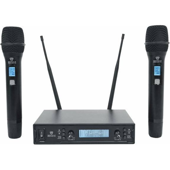 Rockville RWM-200 H2 Dual Handheld UHF Microphone System, 200 Channels, On-Mic 3-Band EQ & Echo, up to 500ft Range, XLR Outputs, Cardioid Mics, Full Metal Build, Ideal for Events, DJ, Karaoke
