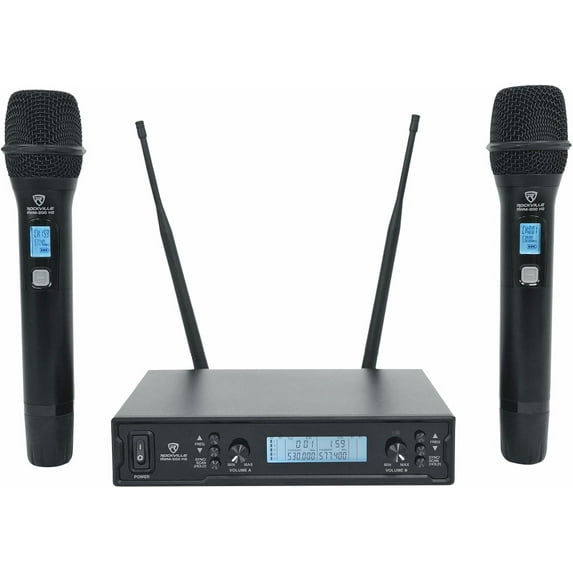 Rockville RWM-200 H2 Dual Handheld UHF Microphone System, 200 Channels, On-Mic 3-Band EQ & Echo, up to 500ft Range, XLR Outputs, Cardioid Mics, Full Metal Build, Ideal for Events, DJ, Karaoke