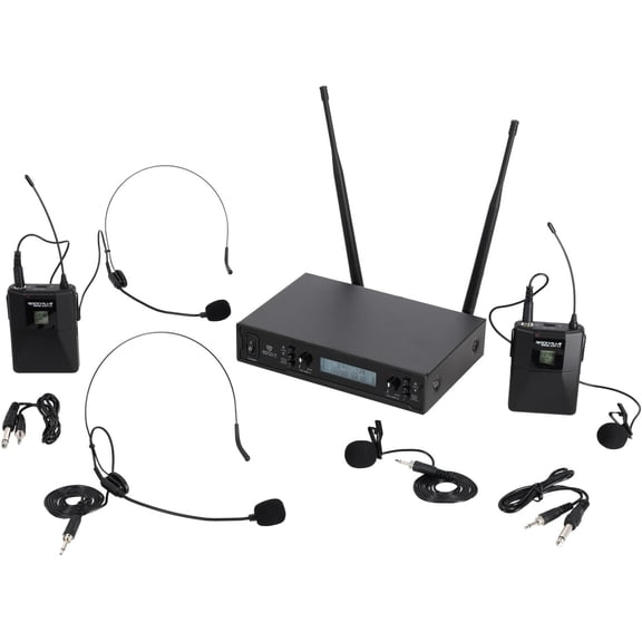 Rockville RWM-200 L2 Dual UHF Beltpack Wireless Microphone System, Lavalier & Headset Mics, 200 Channels, 3 Band EQ, Echo