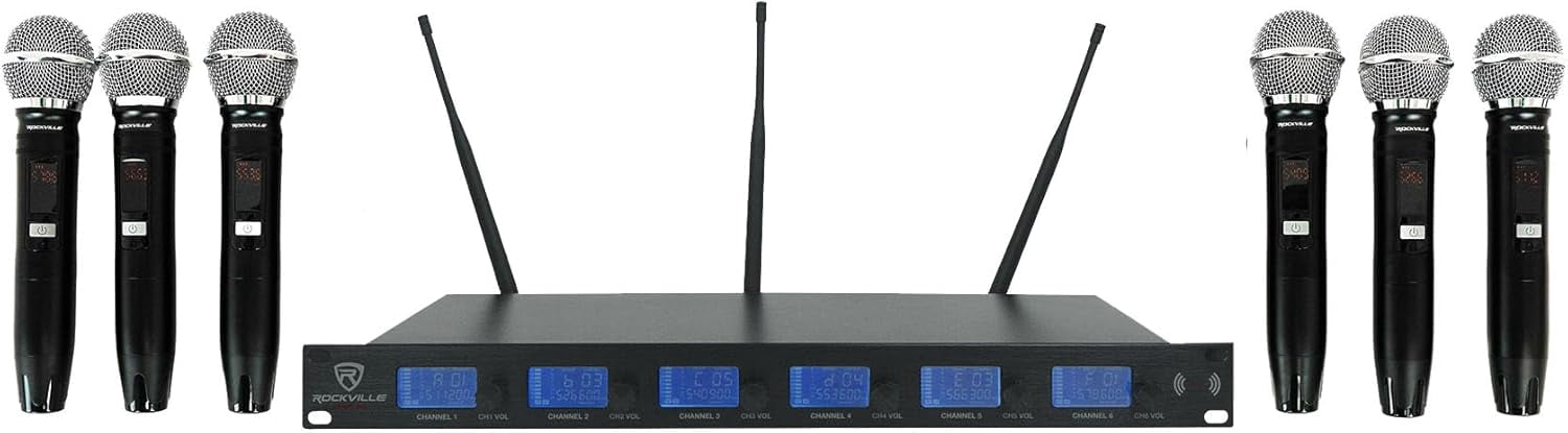 Rockville RWM-66 6-Mic Wireless UHF Microphone System, 48 Channels, Metal Build, Interference-Free, Long Range, Easy Setup, for Karaoke, Events, and Live Performances