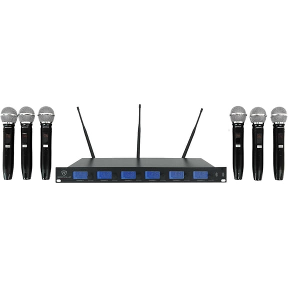 Rockville RWM-66 6-Mic Wireless UHF Microphone System, 48 Channels, Metal Build, Interference-Free, Long Range, Easy Setup, for Karaoke, Events, and Live Performances