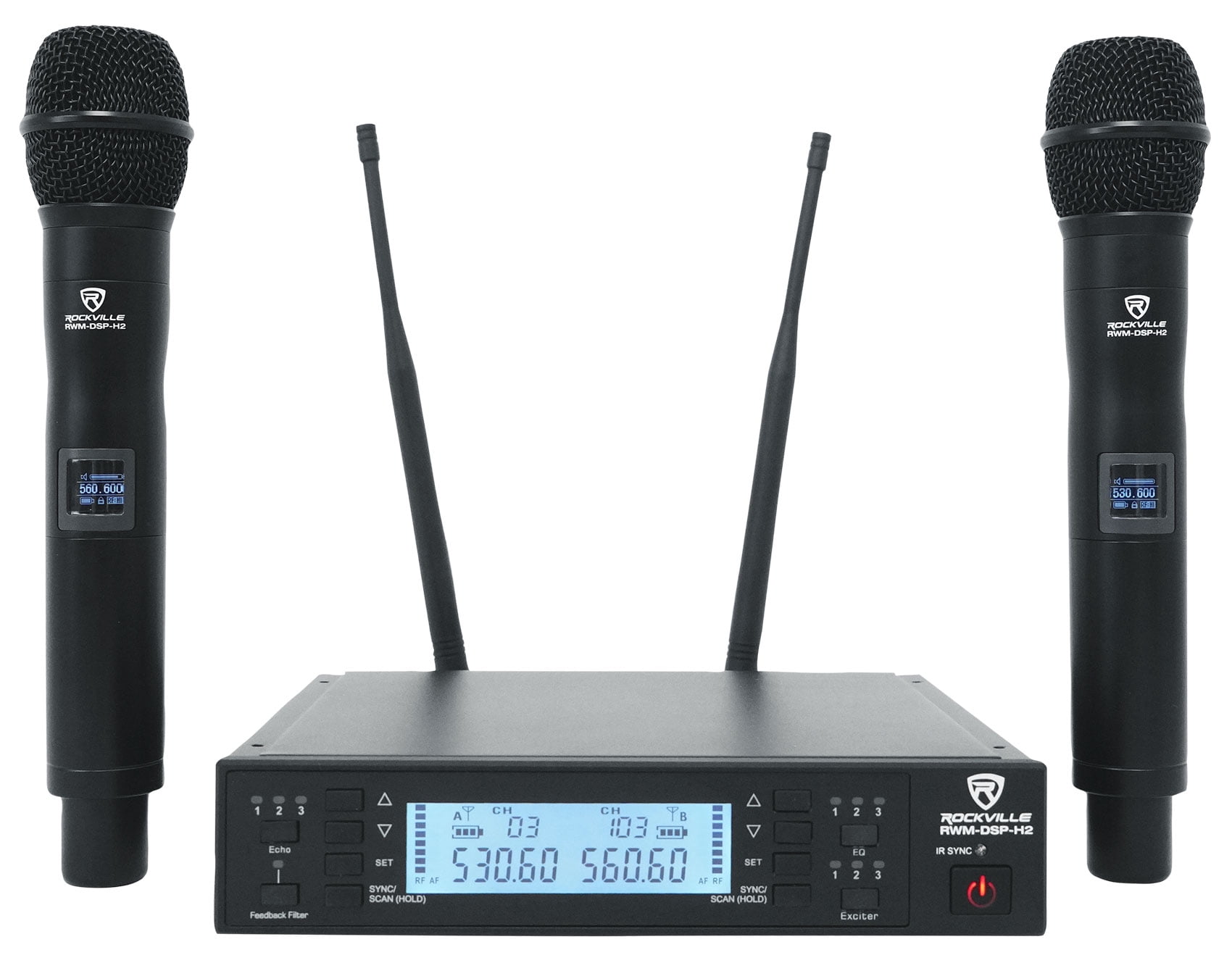 Rockville RWM-DSP-H2 Dual Handheld UHF Wireless Microphone System, DSP Control, Adjustable EQ, Delay, Feedback Filter, OLED Display, 200 Channels, 400-600 ft Range, Includes 2 Mics & Rack Mount