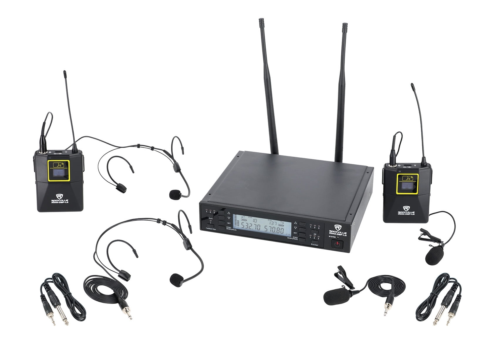 Rockville RWM-DSP-L2 Dual Lapel+Headset UHF 200Ch Microphone System DSP Control