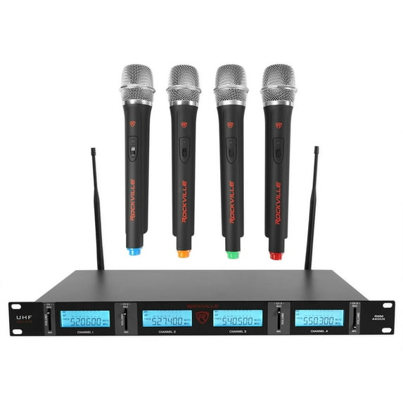 Rockville RWM4401UH QUAD UHF 4 Wireless HandHeld Microphone System w/LCD Display