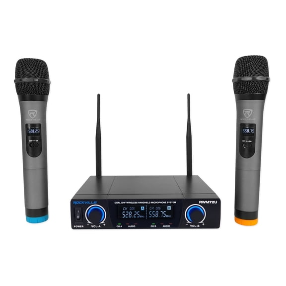 Rockville RWM72U Dual UHF Wireless Handheld Microphone System Digital Display