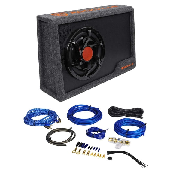 Rockville RWS10CA Slim 1000w 10" Powered Loaded Car Subwoofer Enclosure+Wire Kit
