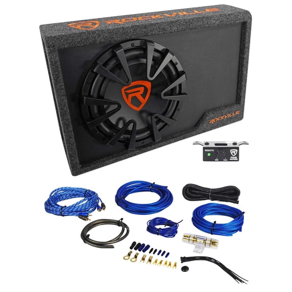 Rockville RWS12CA Slim 1200 Watt 12" Powered Car Subwoofer Enclosure + Wire Kit