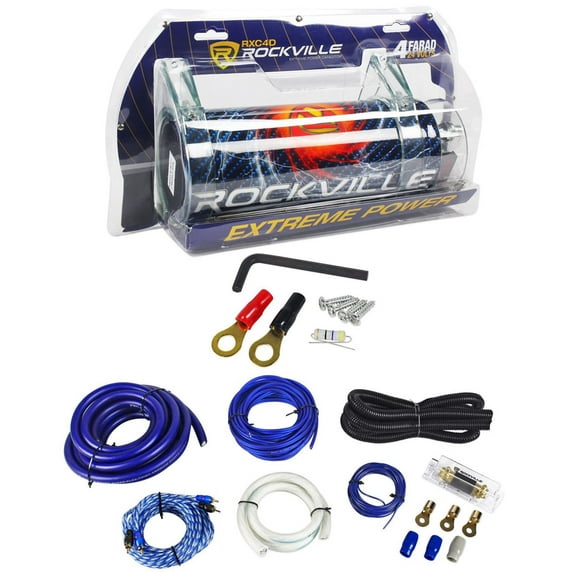 Rockville RXC4D 4 Farad/12 Volt Digital Power Capacitor+RWK01 0 AWG Amp Wire Kit