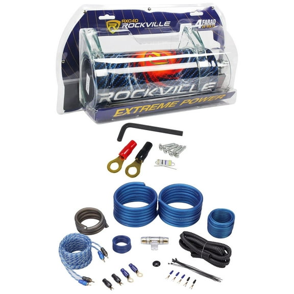 Rockville RXC4D 4 Farad/12 Volt Digital Power Capacitor+RWK41 4 AWG Amp Wire Kit