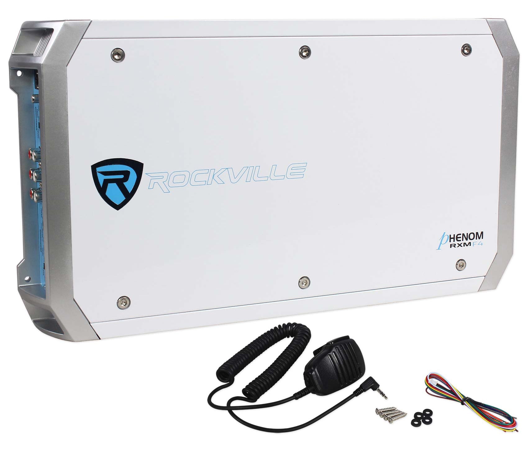Rockville RXM-F4 Marine 4 Channel Amplifier 2400w Peak/600w RMS+PA Microphone
