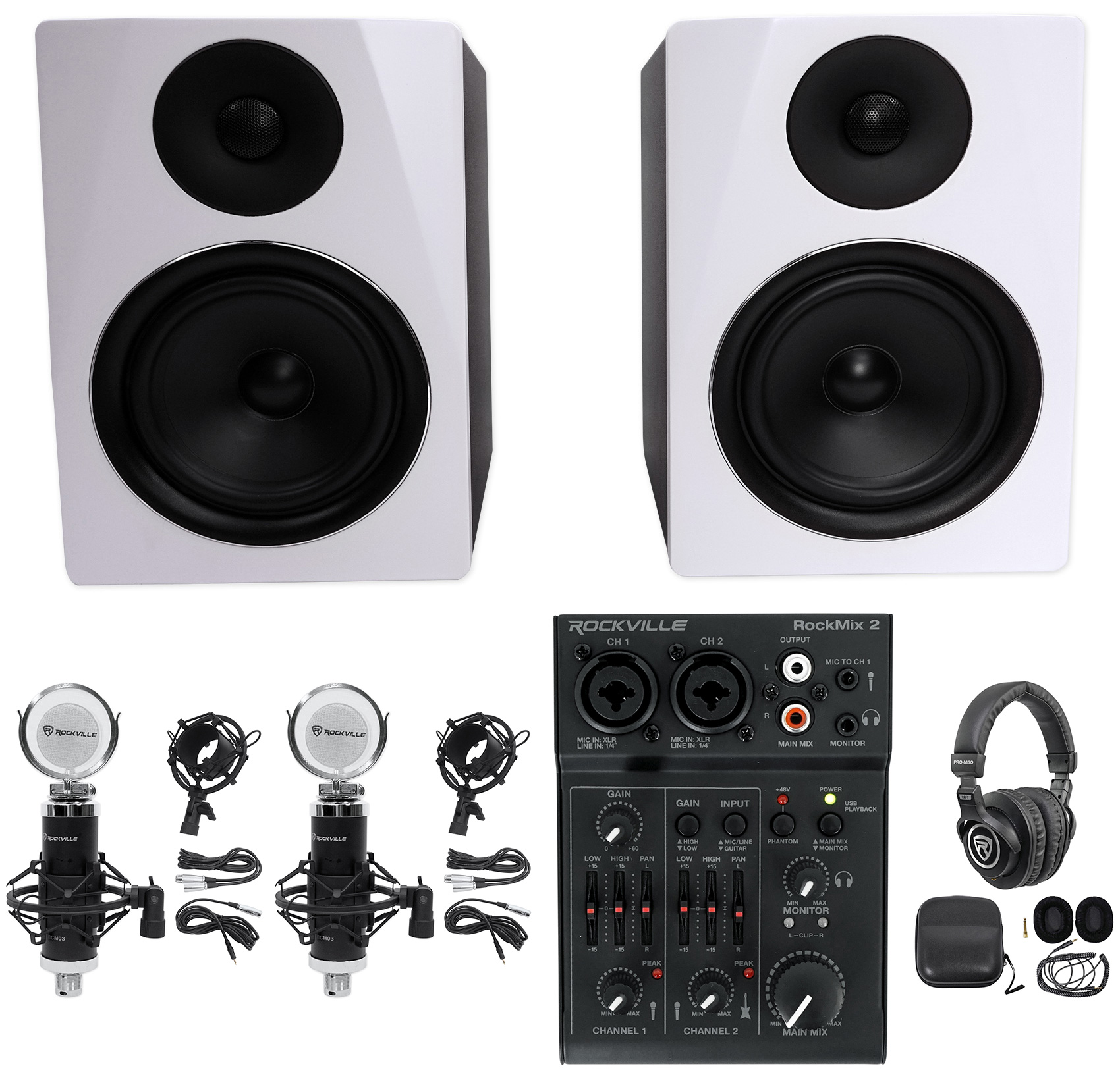 Rockville Recording Kit: 2) 6.5" White Studio Monitors+USB Mixer+Mics+Headphones - image 1 of 34