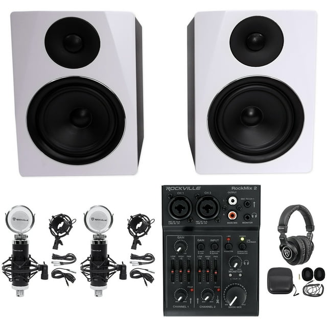 Rockville Recording Kit: 2) 6.5" White Studio Monitors+USB Mixer+Mics+Headphones