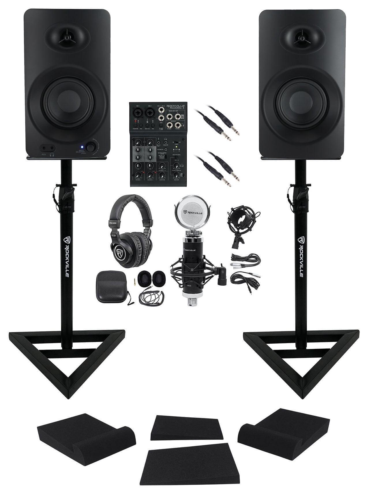 Rockville ASM4 Bundle: Bluetooth Monitors, RockMix 4 Mixer Interface, RVSM1 Stands, Mic, PRO-M50, Audio Setup Kit, 6-items