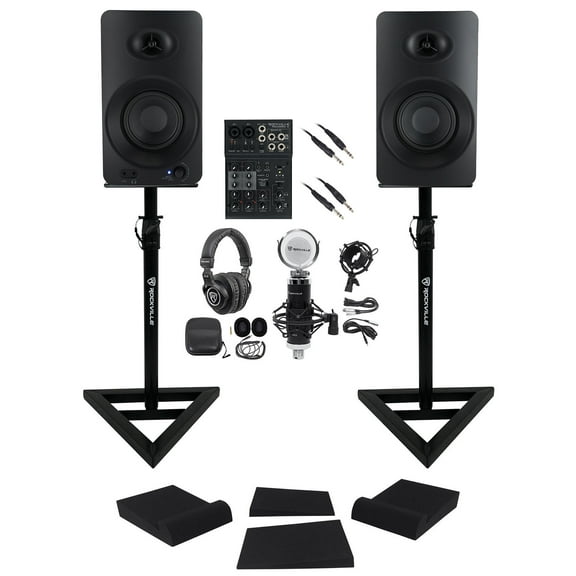 Rockville Recording Kit 4" Bluetooth Studio Monitors+Mixer+Headphones+Mic+Stands
