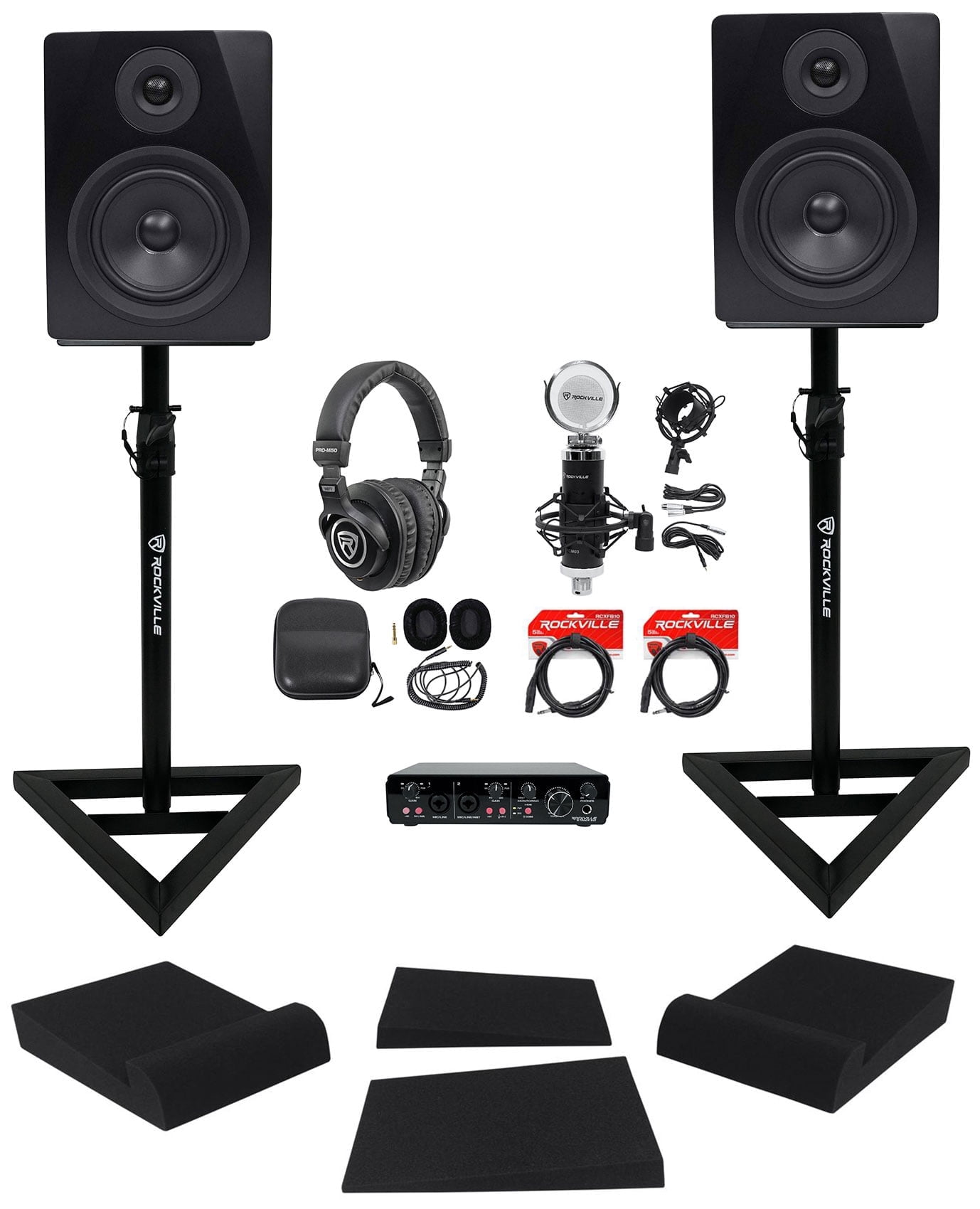 Rockville Recording Bundle: R-TRACK 2x2 Interface, RCM03 Mic, PRO-M50, APM5B Monitors, RVSM1 Stands, Audio Setup, 6-items