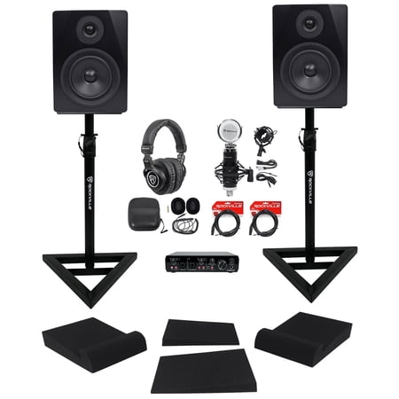 Rockville Recording Bundle: R-TRACK 2x2 Interface, RCM03 Mic, PRO-M50, APM5B Monitors, RVSM1 Stands, Audio Setup, 6-items