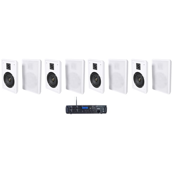Rockville Rock Zone 8 Bundle: 1000W 8-Channel 8-Zone Multi Room Receiver, (4) RockSlim White 5.25" Slim Wall Speaker Pairs, 5-items