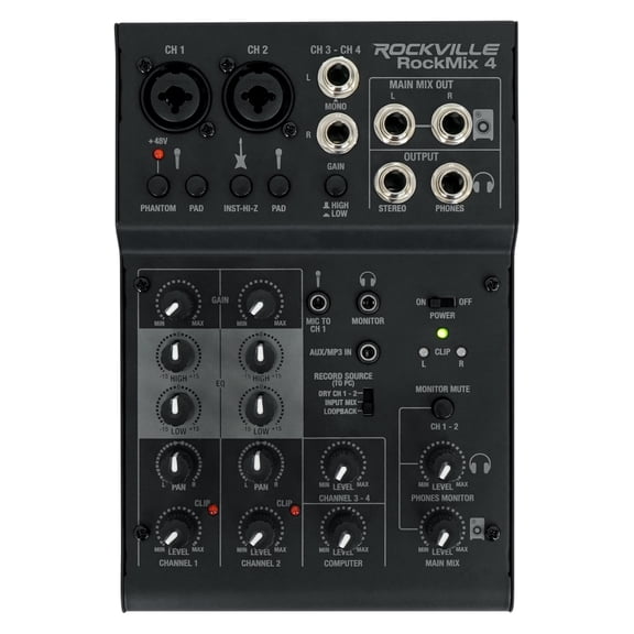 Rockville RockMix 4 Channel Mic+Instrument Pro Recording Mixer with USB Interface 4-Channel Black