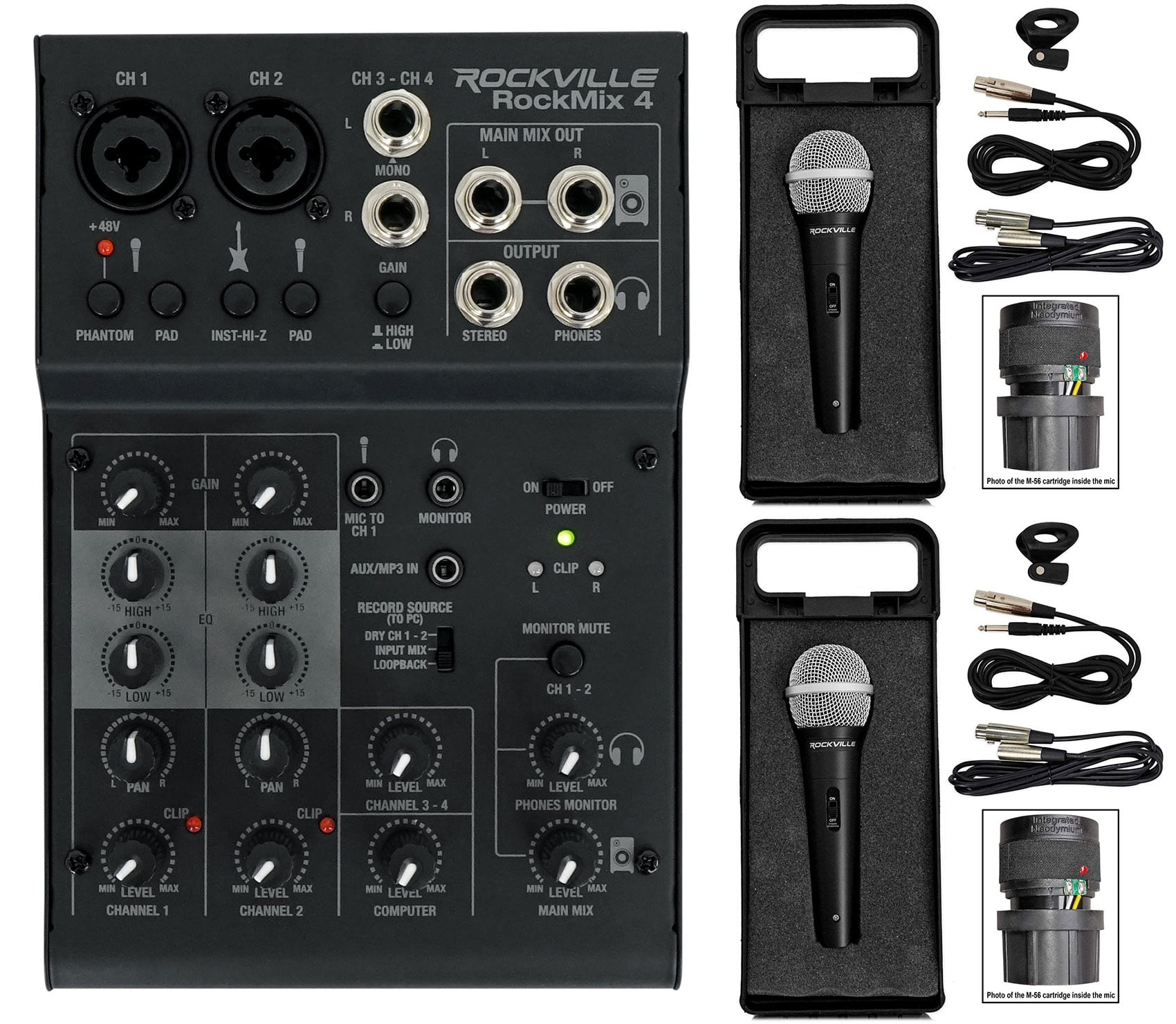 Rockville RockMix 4 Channel Pro Recording Mixer/Interface w/EQ+(2) Dynamic Mics