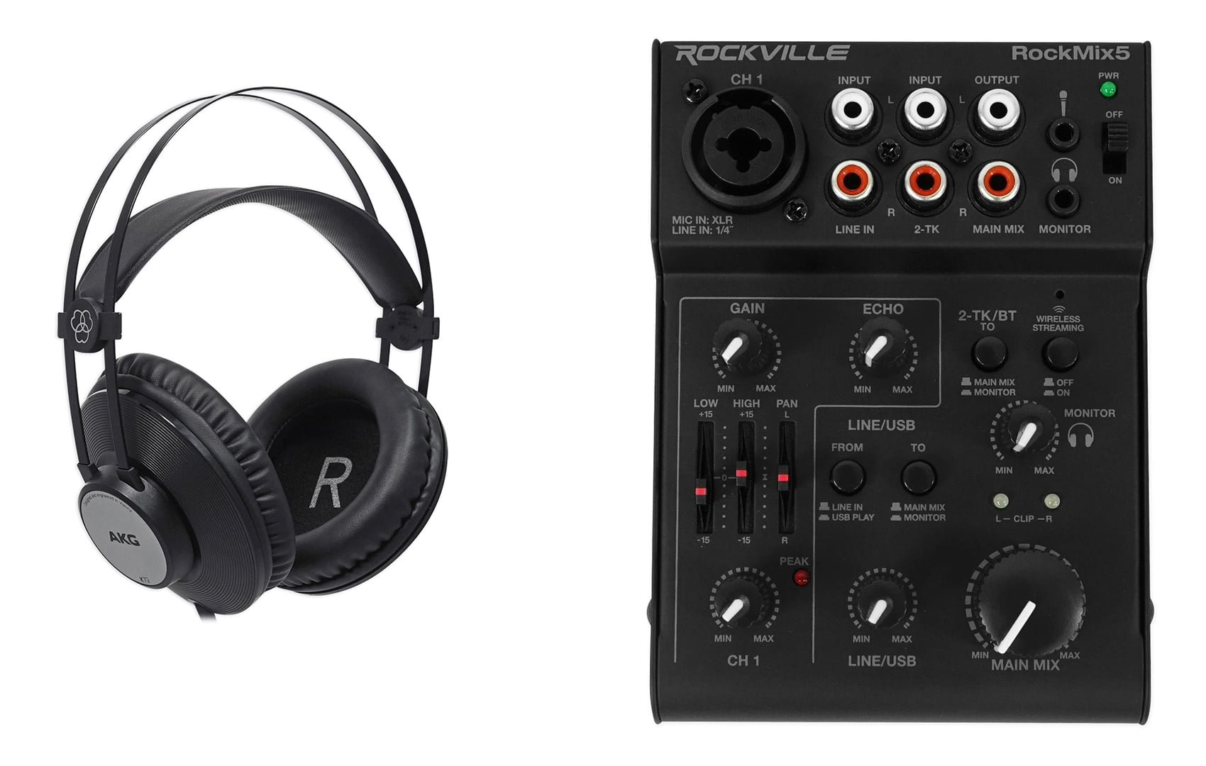 Rockville RockMix 5 Ch Mixer w/USB Interface, Bluetooth, Echo, EQ+AKG Headphones