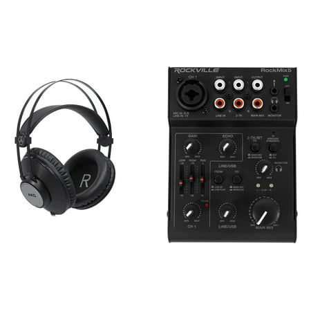 Rockville RockMix 5 Ch Mixer w/USB Interface, Bluetooth, Echo, EQ+AKG Headphones