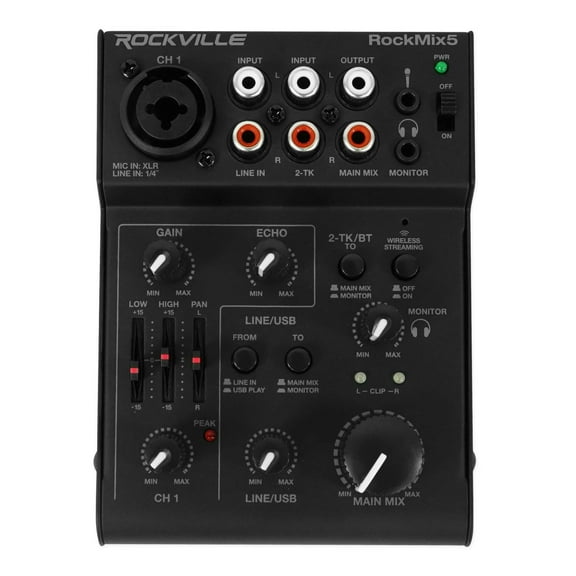 Rockville RockMix 5 USB Computer Recording Interface Mixer w/Bluetooth, Echo, EQ