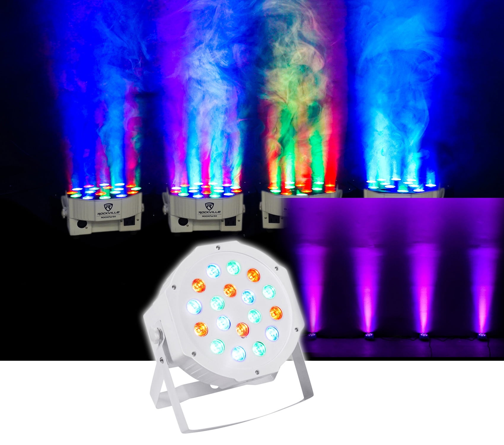 Rockville RockPAR50 White Compact 24W LED RGB Par Can DJ/Club/Stage Wash Light, DMX Control, Daisy-Chain Power, Sound-Activated, for Parties, Weddings, and Live Performances