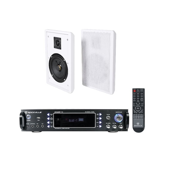 Rockville RPA60BT V2 Bundle: 1000W Bluetooth Karaoke Amplifier Mixer, RockSlim 5.25 inch White Wall Mount Speakers, 2-items