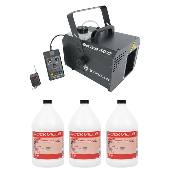 Rockville Rockhaze 700 Bundle: 700 CFM Water Based Haze Machine, (3) RHF 1 Gallon Water Based Haze Fluid, Wired and Wireless Remotes, 4-items