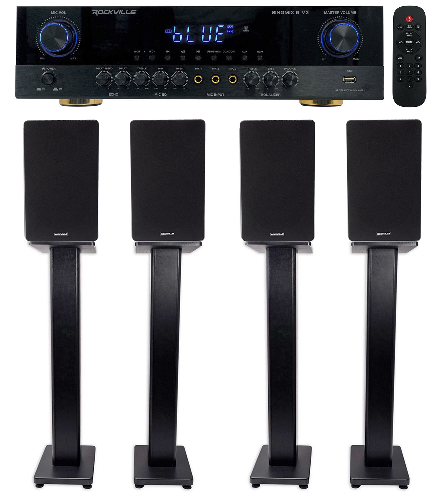 Rockville SINGMIX 5 Bluetooth Home Receiver+(4) 6.5" Bookshelf Speakers+Stands