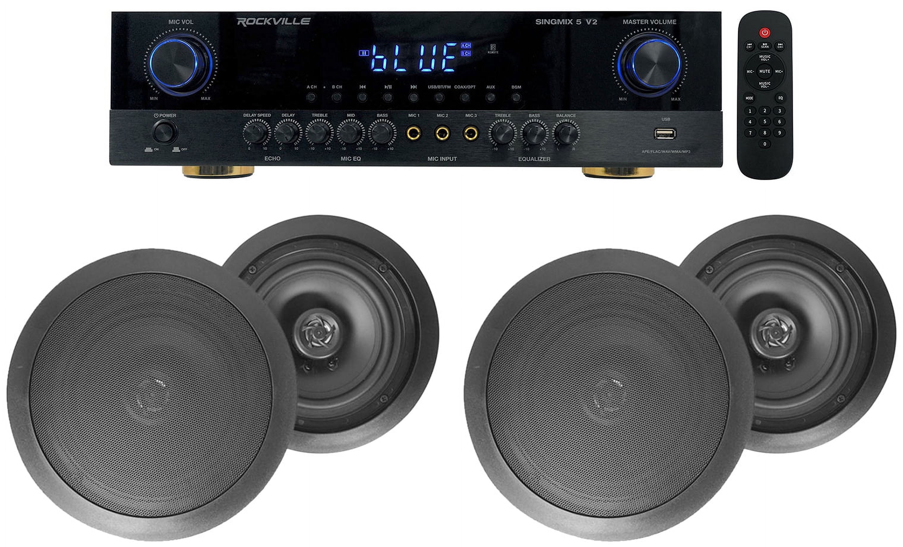 Rockville SINGMIX 5 Bluetooth Home Receiver Amp+(4) 6.5" Black Ceiling Speakers - image 1 of 9