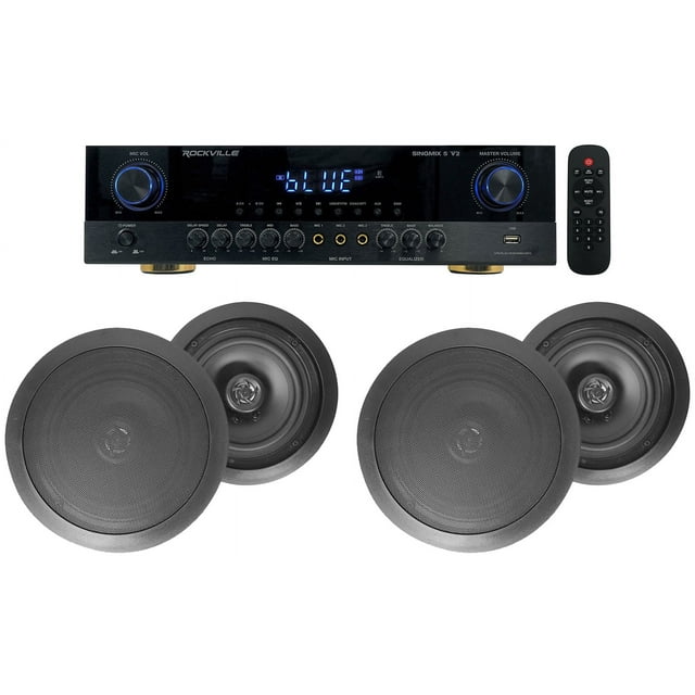 Rockville SINGMIX 5 Bluetooth Home Receiver Amp+(4) 6.5" Black Ceiling Speakers
