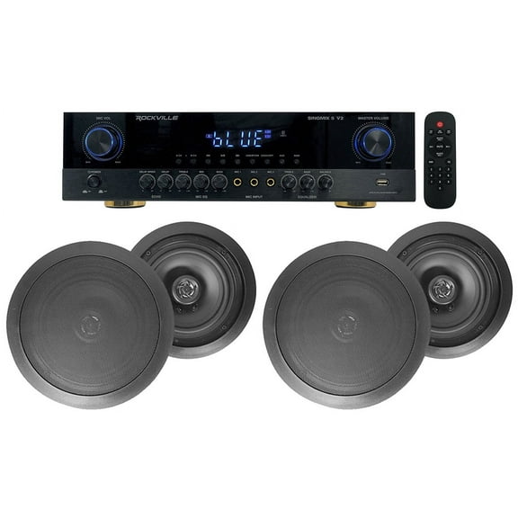 Rockville SINGMIX 5 Bluetooth Home Receiver Amp+(4) 8" Black Ceiling Speakers
