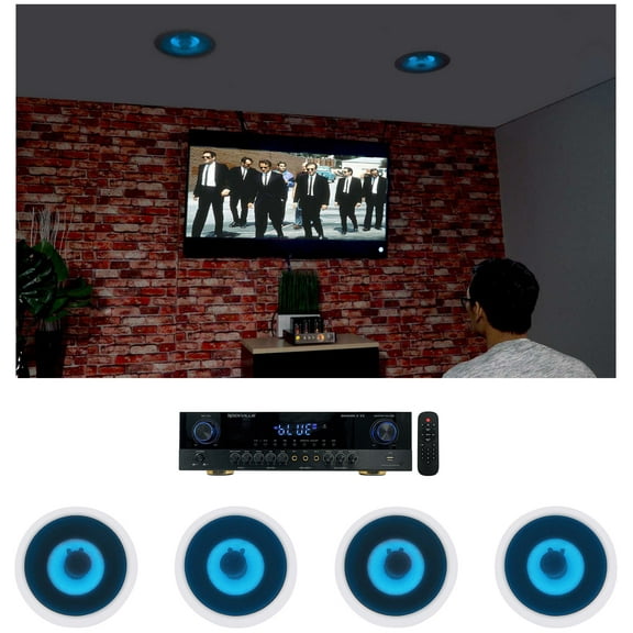 Rockville SINGMIX 5 Bluetooth Home Receiver Amp+(4) 8" Blue LED Ceiling Speakers