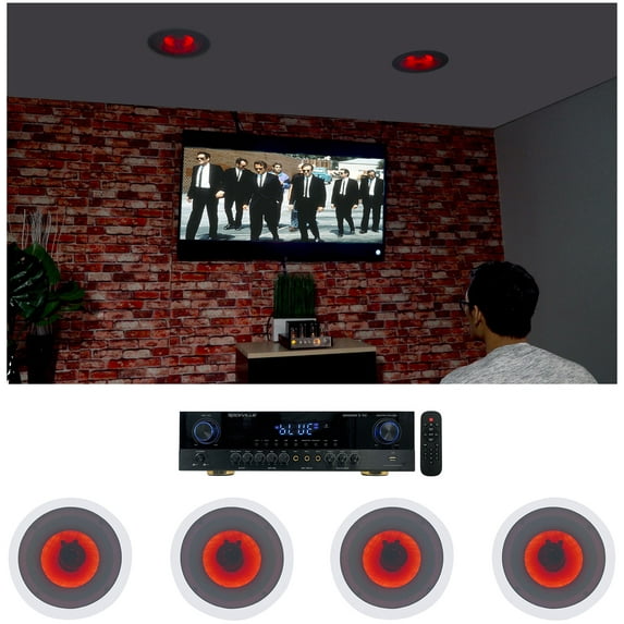Rockville SINGMIX 5 Bluetooth Home Receiver Amp+(4) 8" Red LED Ceiling Speakers