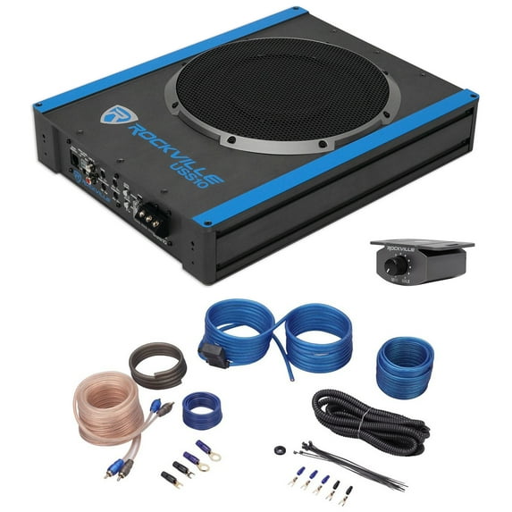Rockville USS10 10" 800w Slim Under-Seat Powered Car/Truck Subwoofer Sub+Amp Kit