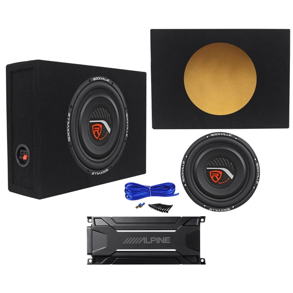 Rockville W10T4-S2 10" Shallow Slim Car Subwoofer+Alpine Ampifier+Sealed Sub Box