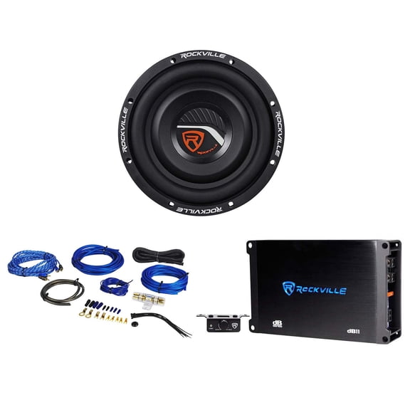 Rockville W8T4-S2 Bundle: 8 Inch Shallow Mount Car Subwoofer, dB11 Mono Amplifier, RWK81 Wiring Kit, 3-items
