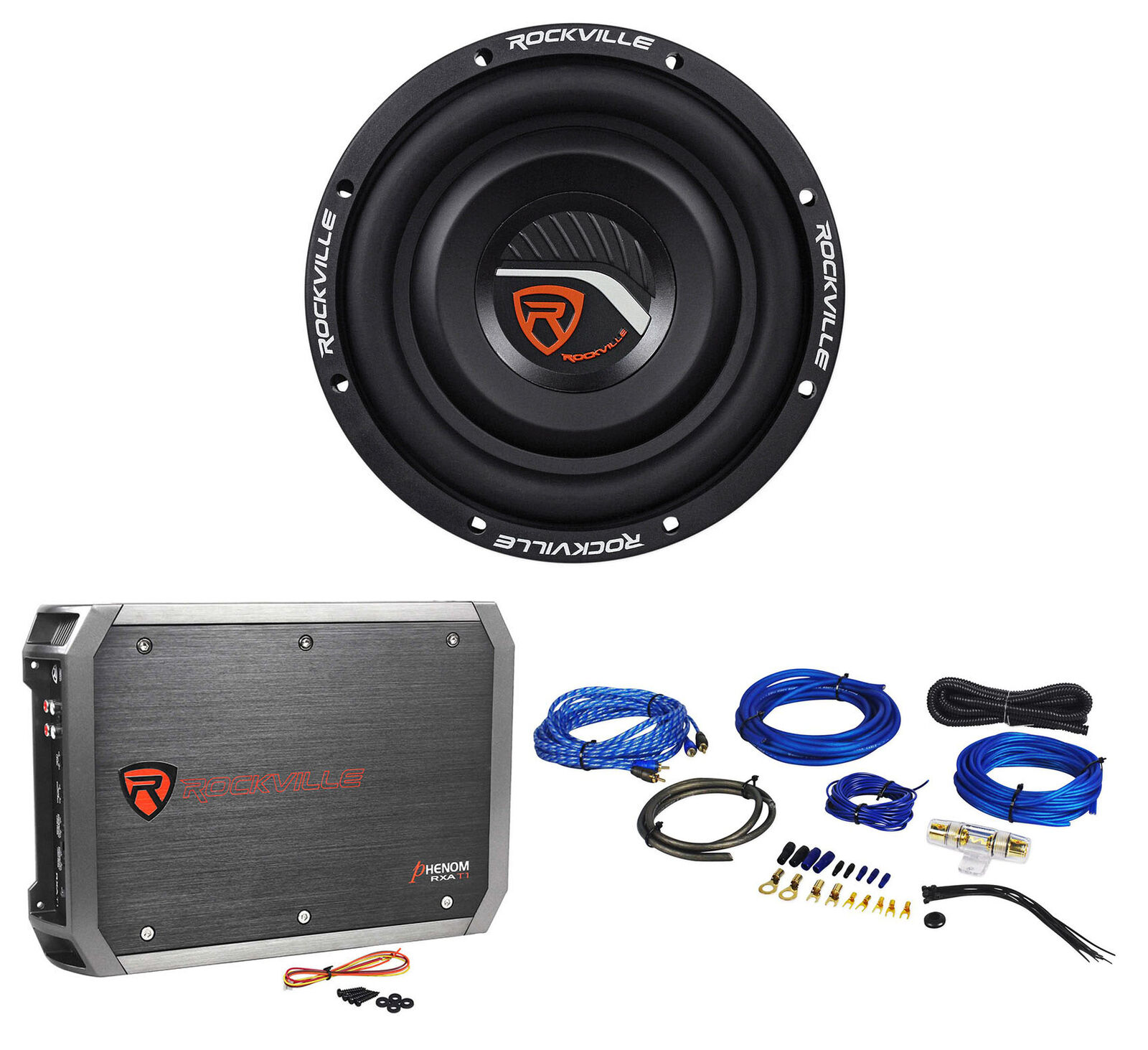 Rockville W8T4S4 8" Shallow 1000 Watt Slim Car Subwoofer Sub+Amplifier