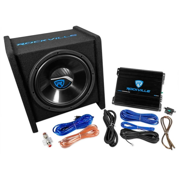 Rockville RV12.1C 600w 12" Loaded Car Subwoofer Enclosure+Mono Amplifier+Amp Kit