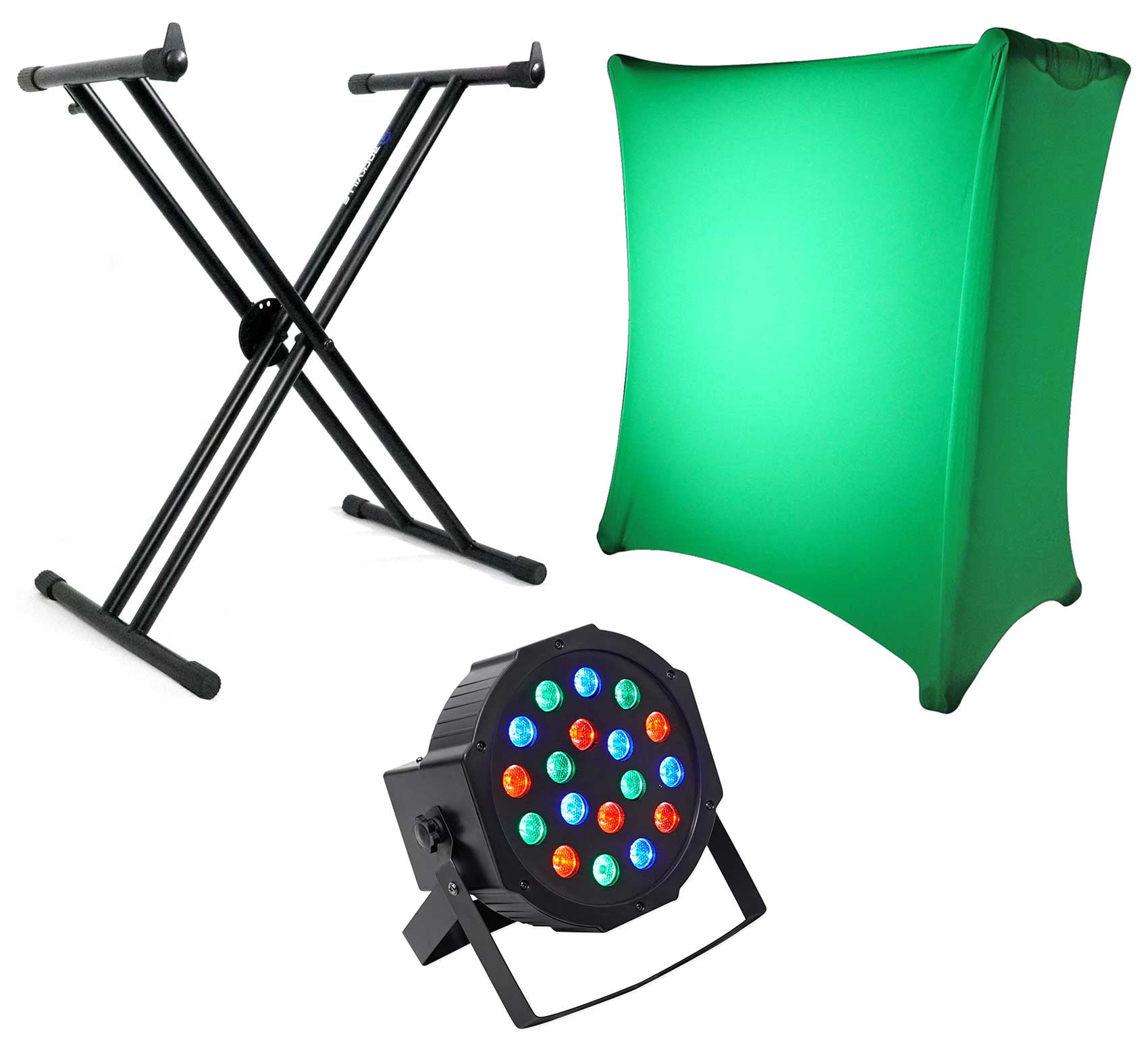 Rockville X Braced Keyboard Stand+White Scrim Cloth+DMX Par Can Wash Light
